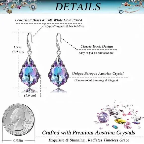 Silver with Vitrail Light Austrian Crystal Baroque Dangling Drop Hook Earrings